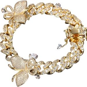 FASHION JEWELRY STAINLESS STEEL BUTTERFLY BRACELET RHINESTONE GOLD CUBAN CHAIN